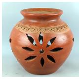 Hand Crafted Terracotta Lantern With Floral Cutouts, 10.5' x 11'