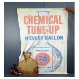 Union 76 Royal Gasoline Cloth Banner Scroll 58' x 45', And Muehlebach Cardboard Cut-Out Sign 
