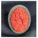 Amy Kahn Russell Sterling Silver And Floral Carved Red Coral Ring, Marked 925 AKR CHINA, Sz 6.5 