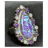 Mohave Turquoise And Sterling Silver Teardrop Ring With Gemstone Border, Sz 8.5