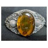 Suarti Sterling Silver Amber Cabochon Cuff Bracelet, Marked 925 BA Indonesia 