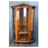 Oak Curio Cabinet With Curved Glass, 3 Wooden Interior Shelves and Key, Approx 63.5' x 37' x 15'