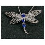 10K White Gold, Sapphire, And Diamond Dragonfly Brooch/Pendant, Marked "HN", On 18.25" 10K White Gol