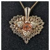 10K Rose, Green, And Yellow Gold Pendant With Rose And Heart Design, Marked "C.C0", On 20" 925 Sterl
