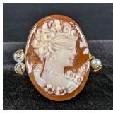 14K Gold, Shell Cameo, And Pearl Ring, Artist Marked, Size 7 