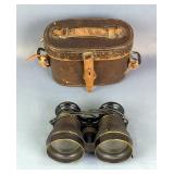 Vintage Brass And Leather-Wrapped Field Binoculars In Leather Case Inscribed Joh. Ed Ising Inh. A. L