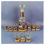 HandAlpine Folk Art Painted Glass Decanter And Shot Glass Set