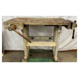 Early Wooden Workbench with Dual Vises and Sturdy Frame, 49in Long
