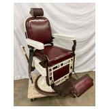 Early Vintage Theodore A. Kochs Porcelain Barber Chair with Red Upholstery