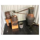 Original Copper Still with Wooden Kegs, Drain Pipes, Funnel, and Tubing for Display ONLY 