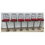 Six Matching Chrome and Red Upholstered Drugstore Swivel Seats - 30IN. FROM SEAT TO FLOOR 
