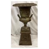 Two-Piece Bronze Garden Urn with Ornate Detailing, 19 x 42 Inches