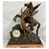 Bronze Figural Clock with Winged Horse and Female Figure on Marble Base