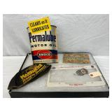 Amoco Advertising Items Including Permalube Can and Stamp Album