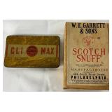 Unopened 1940s W.E. Garrett & Sons Scotch Snuff Box and Climax Tobacco Tin