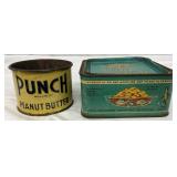 Punch Peanut Butter Tin by Ridenour Baker Grocery Co and Planters Salted Peanuts Tin
