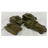 4 Vintage-Style 4-5 Inch Painted Metal Military Vehicle Models 4 Vintage-Style 4-5 Inch Painted Metal Military Vehicle Models