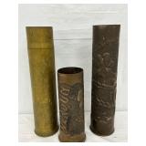 3 Military Shell Art Pieces, 9in to 14in, Early 20th Century 3 Military Shell Art Pieces, 9in to 14in, Early 20th Century