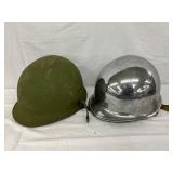 2 WW2-Era Helmets, Including Green Painted and Polished Metal Variants 2 WW2-Era Helmets, Including Green Painted and Polished Metal Variants