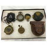 6 Early WWII Era Compasses and Watch with Leather Case 6 Early WWII Era Compasses and Watch with Leather Case