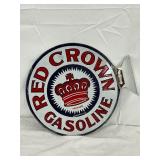 14in. Porc. Red Crown Gasoline Flange Sign with Added Hanger