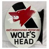 1973 Wolf’s Head Motor Oil Flange Sign, 17 x 22 in.