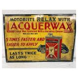 Rare Early Emb. Vintage Lacquerwax Adv Sign, 19 1/2 x 13 1/2 Inches