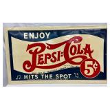 Emb. Early Pepsi-Cola Double Dot 5 Cent Advertising Sign, 56×31 Inches