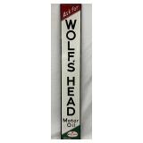 Emb. Wolf’s Head Motor Oil Vertical Sign,  Self-Framed Wooden Back, 12x82 