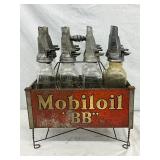 Mobil Oil Rack with 8 ‘BB’ Glass Bottles with Metal Spouts 