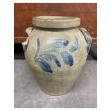 Stoneware Crock with Cobalt Blue Floral Decoration and Handles