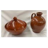 Jugtown Redware Pottery Covered Dish and Small Jug