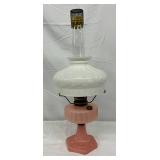 Early Aladdin Pink Glass Kerosene Lamp with White Milk Glass Shade, 25 Inches Tall