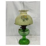 Early Green Aladdin Oil Lamp with Floral Glass Shade, 23 Inches
