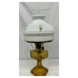 Early Aladdin Kerosene Lamp with Amber Glass Base and Floral Milk Glass Shade, 24in