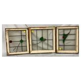Three Early Stained Glass Windows with Painted Wood Frames, 20in x 20in Each