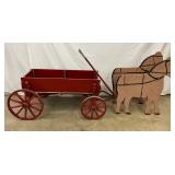 Red Wooden Wagon with Two Donkey Figures, 82 Inches Long