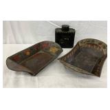 Two Hand-Painted Metal Serving Trays and Lidded Canister, 14x8 