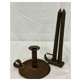 1840 Iron Candle Holder and 19th Century Two-Hole Candle Mold