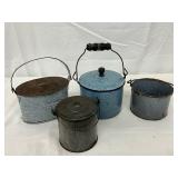 19th Century Porcelain Granite Ware Containers and Kettle Set, 3-6inches 
