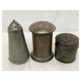 Three 19th Century Metal Sugar Shakers, 4-5 inches tall