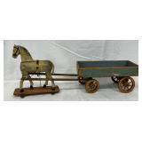 Early 1900s Wooden Kids Toy Wagon with Carved Horse, 24x9