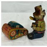 Early Marx Tin Lithograph Tank Toy and Japan-Made Tin Dog Toy