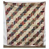 Log Cabin Pattern Quilted Blanket with Multicolor Fabrics and Red Binding, c. 1885 