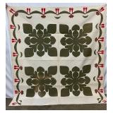 Handmade Early Quilt with Green Applique and Red Floral Graphics