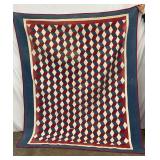 Early Quilt with Tumbling Block Pattern and Blue Border