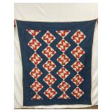 Red, White, and Blue Handmade Hourglass Quilt, c.1900, 56x67 inches 