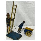 Two Early Wind-Up Tin Toys: Climbing Figure with Ladder and Wheelbarrow Pusher