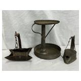 Early Style Betty Lamp, 4-Spout Cruiser Lamp, and Metal Stand, 5 to 7 inches tall