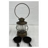 1914 Metal Lantern with Two Small Cast Iron Pans
